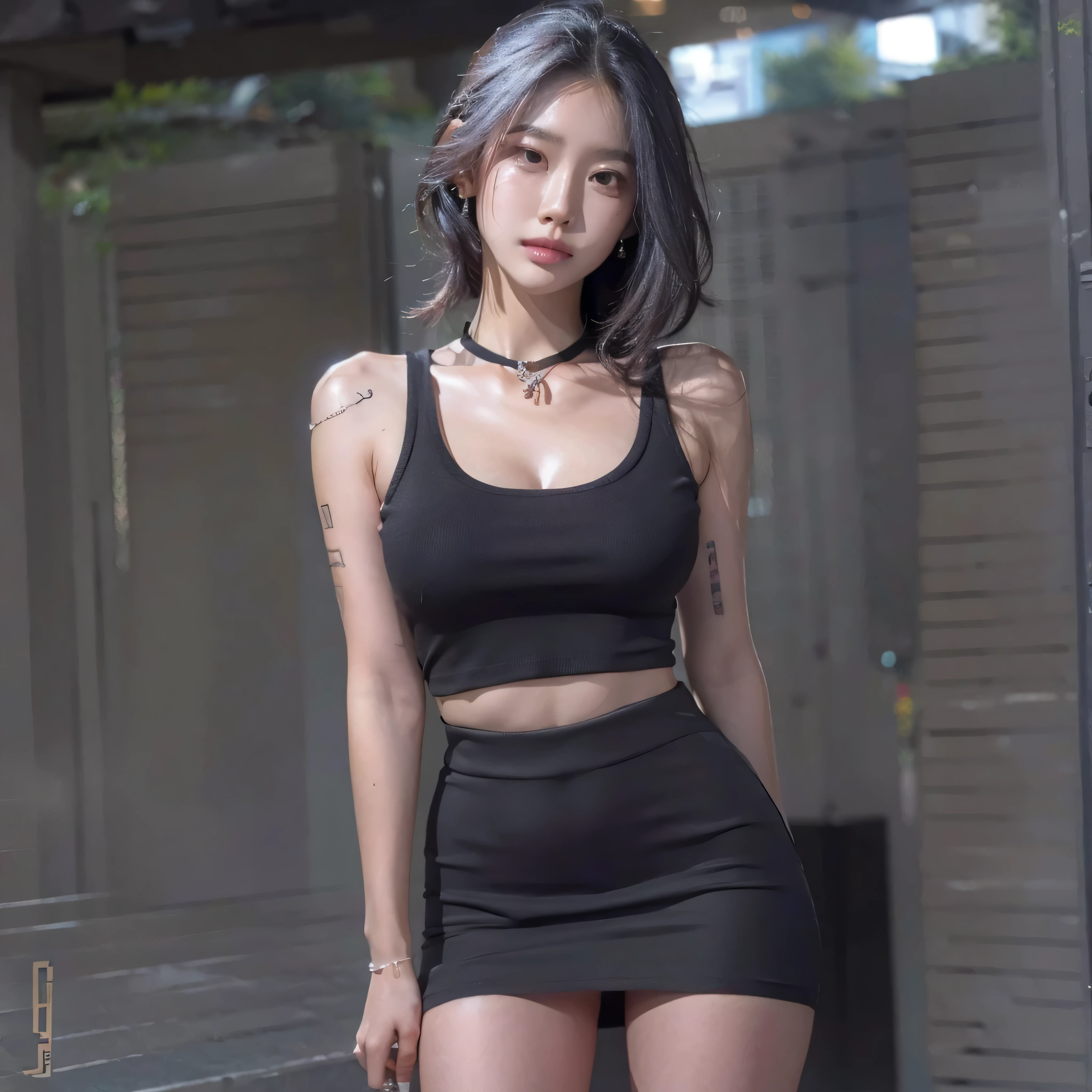 real, RAW photo, extremely delicate and beautiful, masterpiece, Best Quality, ultra high resolution, 32k, hyperrealistic, ultra-detailed, in her 20s, delicate facial features, tearful mole, earring, big breasts, closeup shot, shorter middle hair, black hair, short pencil skirt, black shirt, collared dress shirt, sleeveless, topless, best quality, ultra high res, (photorealistic:1.4), pretty girl, tanktop black shirt, black tight skirt, black choker, (faded ash gray hair:1), medium breasts, looking at viewer, closeup, (pretty face) , southeast asia girl, (RAW photo, best quality,high quality,highres), (realistic, photo-realistic), ultra-detailed,(front lighting) 