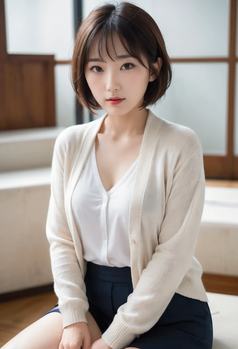 ((Tabletop,Highest quality)), (Like the picture:1.4),((Tabletop,8k)),High resolution,Studio Soft Light, Rim Light, Vivid details, Realistic skin texture,Japanese, One beautiful woman, short hair, Wavy Hair, Faint, thin bangs, compensate, 38 years, Detailed skin, cardigan, Wide leg pants, White Background, White Room,White wall, Full body photo, View your viewers