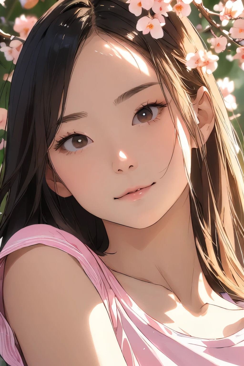 Beautiful and attractive Japanese women、Half-body photo、Delicate and sexy collarbone、Attractive oval face、double eyelid、Bright peach blossom eyes、Pink Lips、Small Nose、Bare shoulders、Concentrated face、Face close-up、Ultra-high resolution、Super detailed、Graceful posture、sunglasses、Ｔshirt、smile