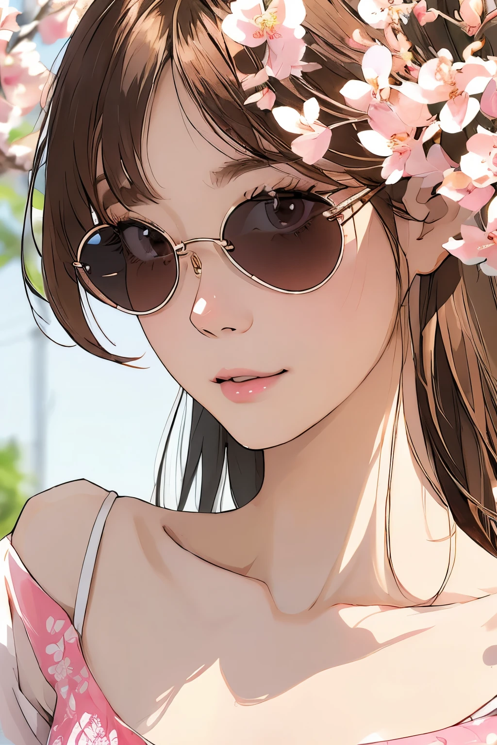 Beautiful and attractive Japanese women、Half-body photo、Delicate and sexy collarbone、Attractive oval face、double eyelid、Bright peach blossom eyes、Pink Lips、Small Nose、Bare shoulders、Concentrated face、Face close-up、Ultra-high resolution、Super detailed、Graceful posture、sunglasses、Ｔshirt、smile