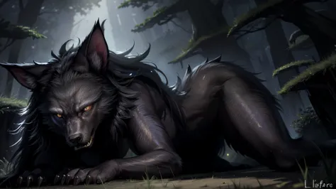 Create ultra-detailed, best quality, High-resolution masterpiece，Depicts a female werewolf in the dark，Eyes that glow white, Bare fangs and claws，Lurking in the grass，High quality shadows, lifelike,Background is a dark forest，