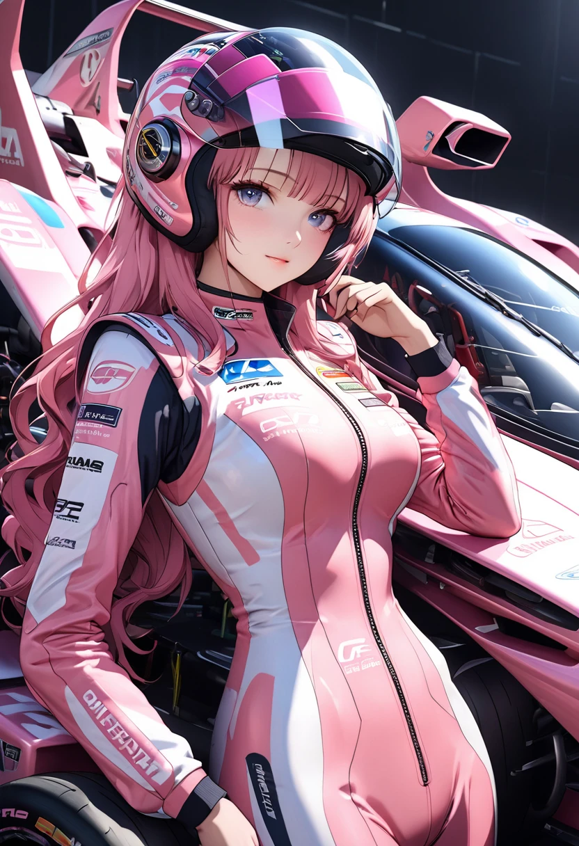 High resolution digital CG image, a beautiful futuristic girl is posing in front of a futuristic racing car,The girl has long hair with a mixture of white and pink hair.She is wearing a pink racing suit with mecha-style decorations, and there are many sponsor logos on the suit.The pink color racing car is a four-wheeled formula car type with a canopy in the cockpit.It has a futuristic cyber-like body shape and numerous sponsor logos on the body. circuit starting grid background, holding a full face type pink helmet under her arm and striking a cool pose next to her car.、Cybertic expression of the future, the texture of beautiful hair, the luster of skin, the beauty of eyes, the luster and texture of a racing suit, the beauty of the racing car body and mechanical expression,(master piece4k, 8k,best quality1.2)ultra detail