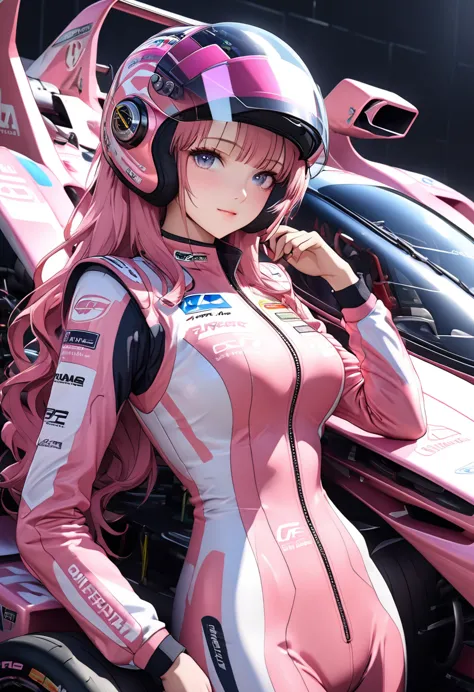 high resolution digital cg image, a beautiful futuristic girl is posing in front of a futuristic racing car,the girl has long ha...