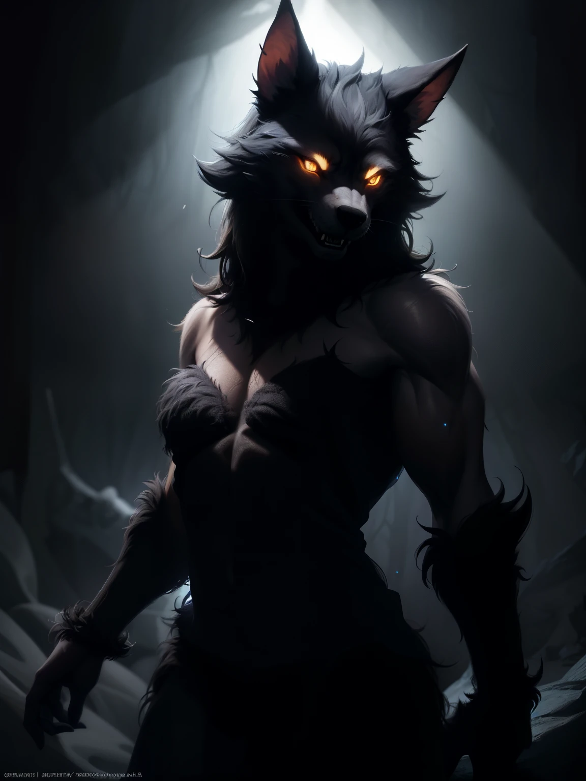 Create ultra-detailed, best quality, High-resolution masterpiece，Depicts a werewolf in the dark，Glowing white eyes and fangs, High quality shadows, lifelike,Background is a dark forest