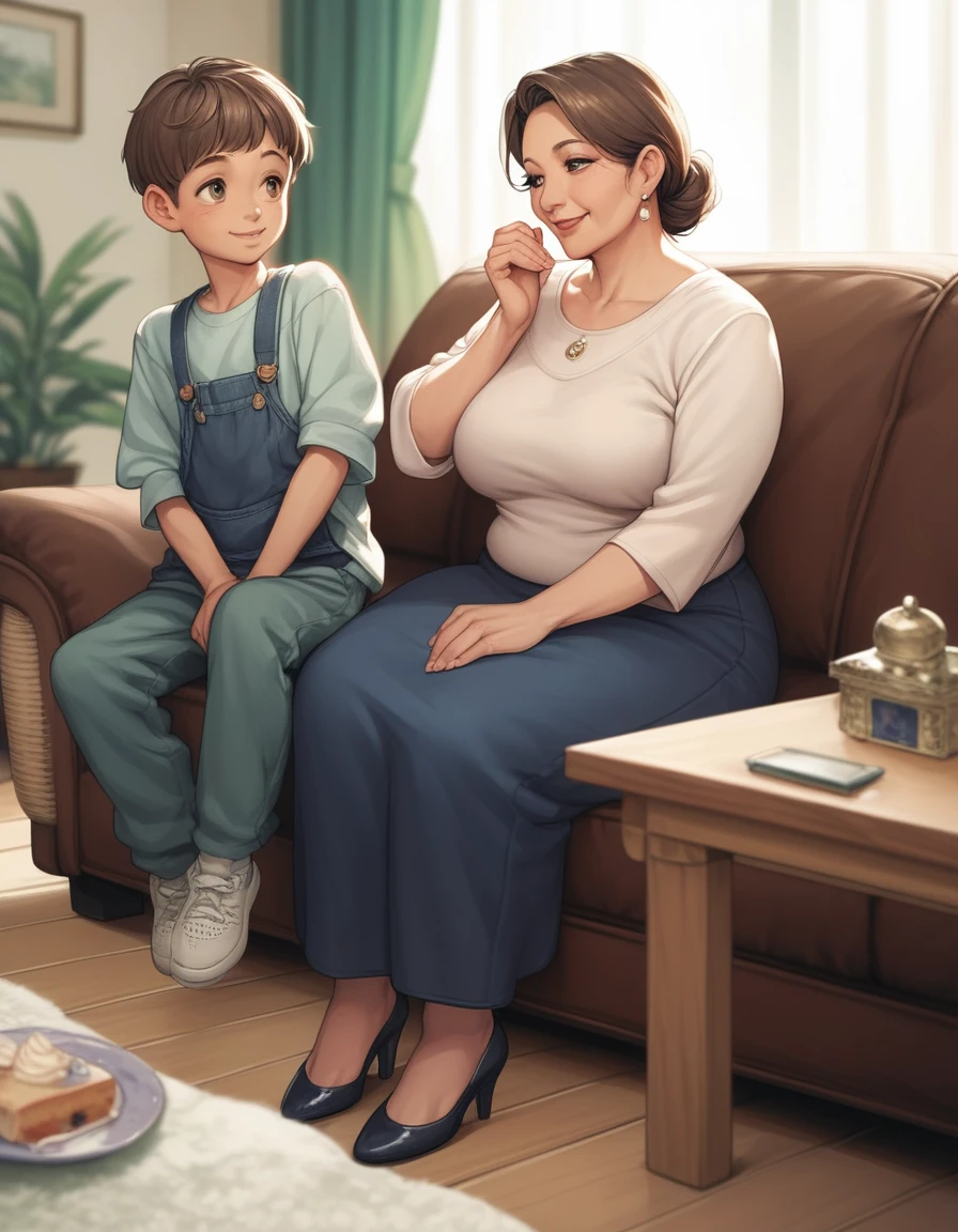 score_9, score_8_up, score_7_up, source_anime, 1boy, 1girl, mature female is smiling, mother and son, kid, sitting side by side, looking at each other, (mother's hand is covering son's mouth), in a living room,