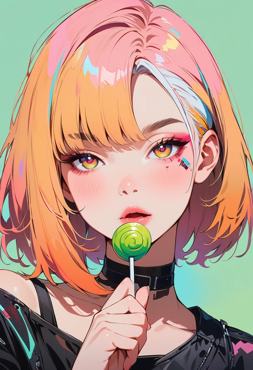 (masterpiece, best quality:1.4), 1 girl, solo, Anime style, Colorful pupils, Blurred eyes, With a lollipop, Pink lower lip, Cyberpunk style makeup, Orange lower eye shadow, Short silver asymmetrical hair, Asymmetrical short hairstyle, Long bangs on one side, Color highlights, Black off-the-shoulder leather jacket, Pure background.