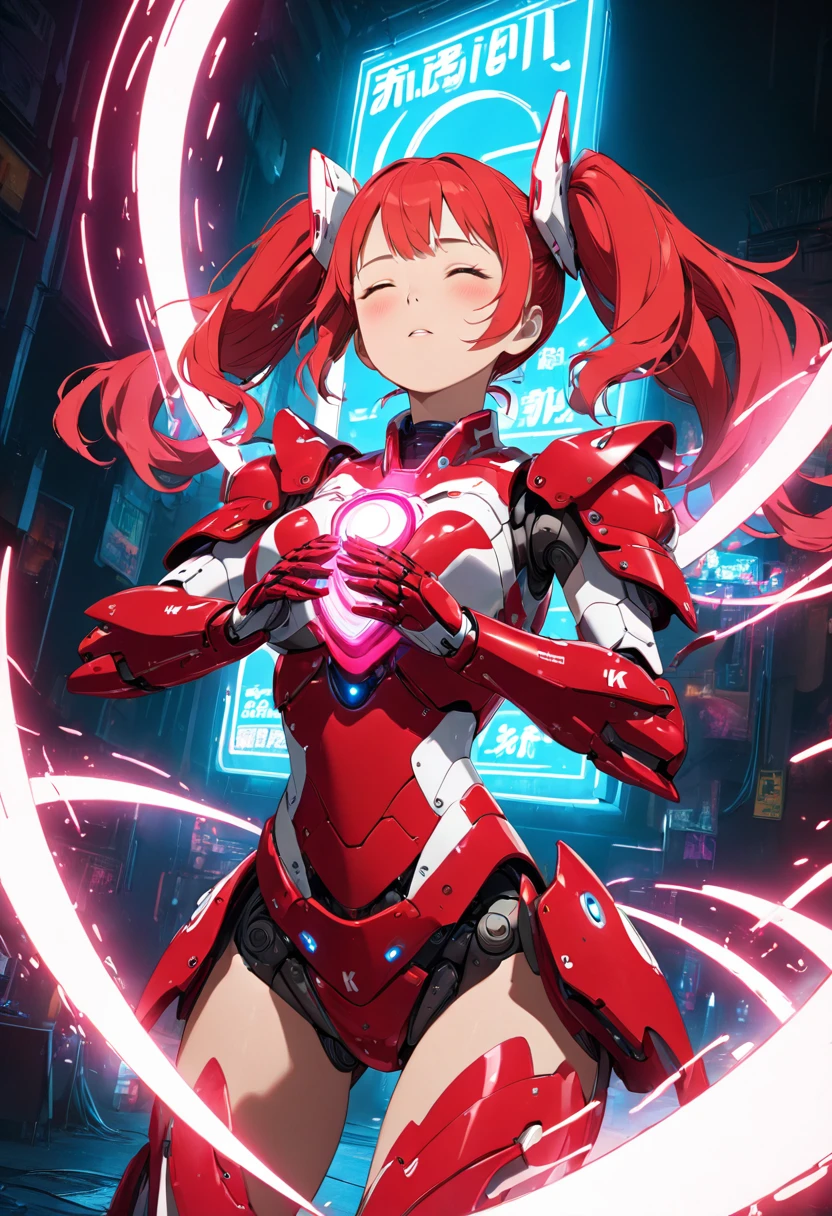 a girl with red twin tails wearing red and white robot armor, spinning a long red-handled spear in front of her chest with both hands, summoning a colorful magic circle with a mix of red, white, and pink on her back, neon lights shining brightly from the armor, a blue neon light shining from the tip of the spear, the girl looking up with her eyes closed, (best quality,4k,8k,highres,masterpiece:1.2),ultra-detailed,concept art,highly detailed facial features,beautiful hair and skin texture,exquisite robot armor texture,breathtaking magical effects,dynamic action pose,dramatic lighting,cinematic composition,vibrant colors