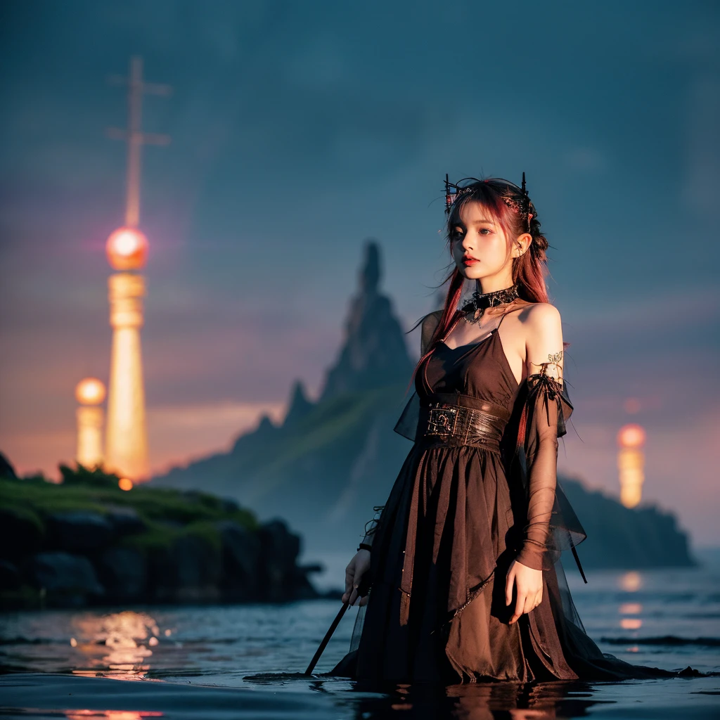 artistically refined, true-to-life visuals, breathtaking aesthetics, diffused natural skin glow, Girl , 24-years-old, slender, floating Medium Hair, bangs, (Gothic_punk dress:1.2), masterpiece, best quality, RAW Photos, candytt, zwd, (Midsummer Night's Dream:1.4)