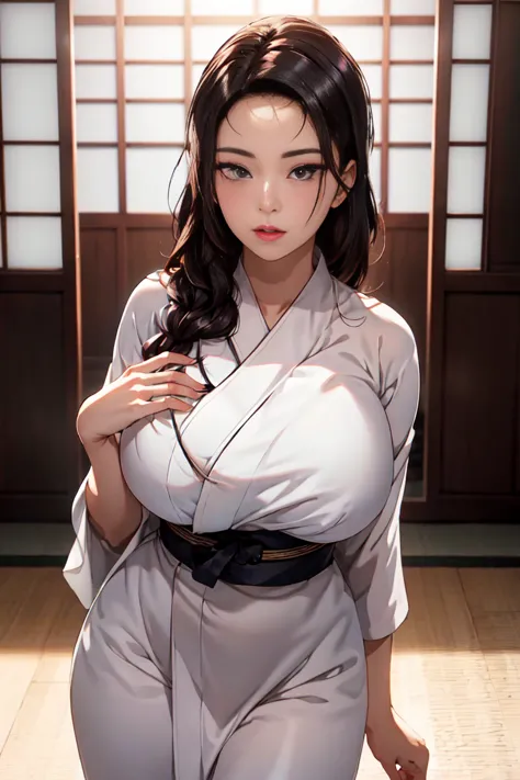 east asian architecture, stand at attention, white kimono, black_hair, long_hair, hair_pull_back,separate_lips,purple_eye, weavi...