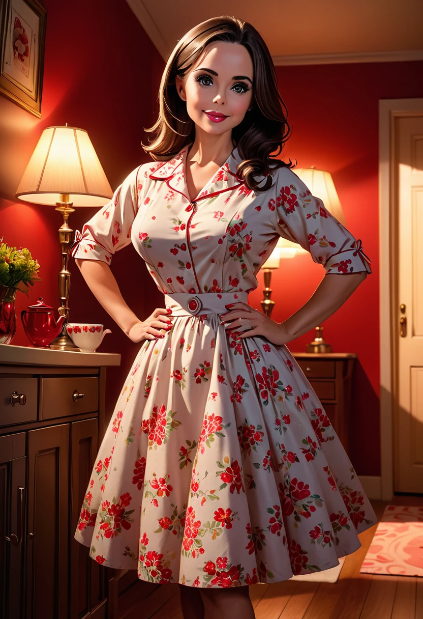 50s house wife. full length. featuring warm lighting and shadows. should be of the highest quality, a masterpiece with intricate details. Hands on hips. cute 50s house wife dress. Red high heels. She should have luscious lips, a wide smile, and bright, expressive eyes, exuding beauty, cuteness, and adorableness. Ensure the image is high resolution and sharply detailed, with a detailed and vibrant background. Eliza Dushku. Incorporate mystical lighting in the background, creating a romantic and enchanting atmosphere.
