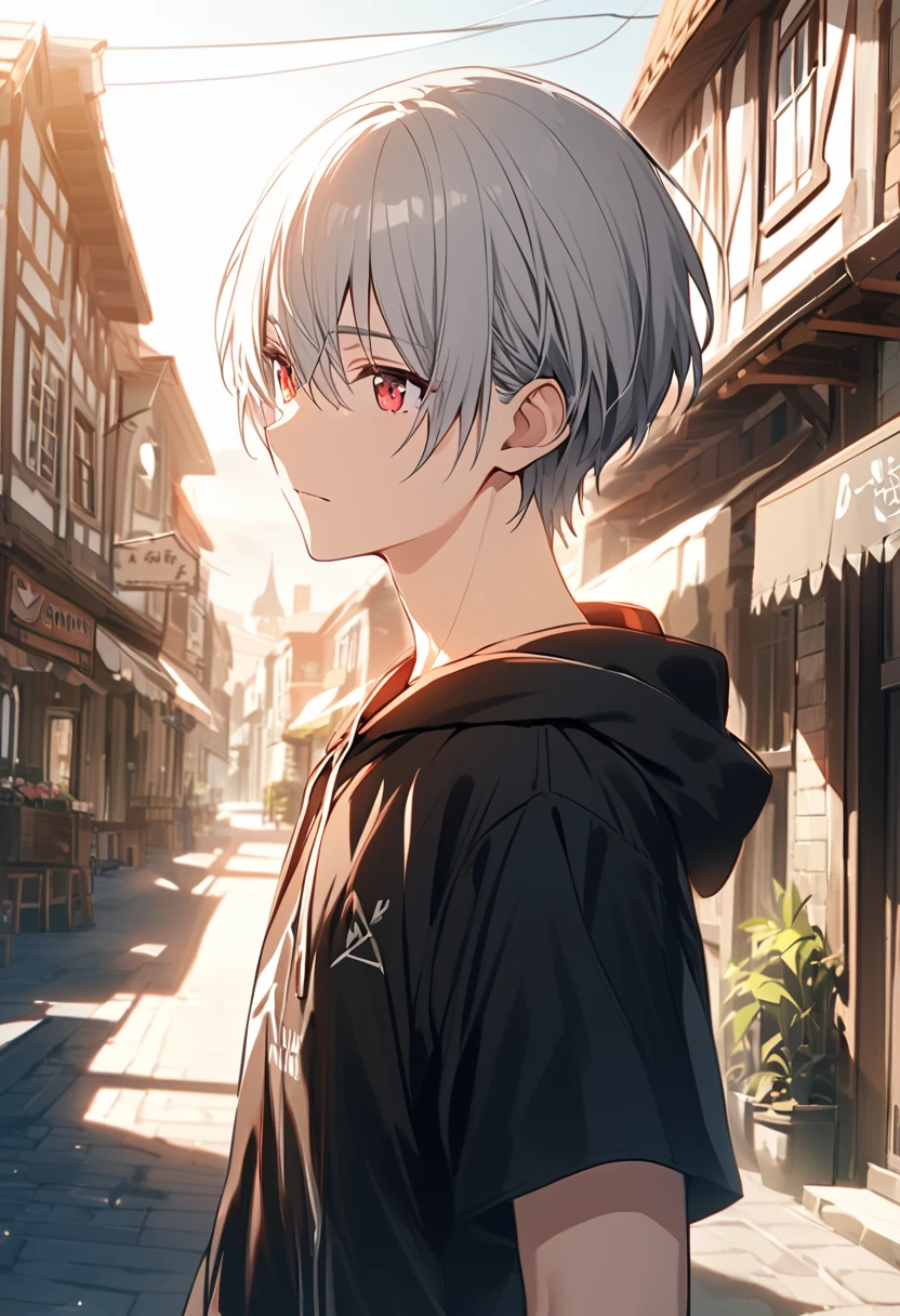 good looking, alone, 1 male, Gray Hair, Red eyes, Black Shirt, Black and white hooded, Short sleeve,noon, White Light,Cute eyes,Short hairstyle,A cute boy,summer,Town