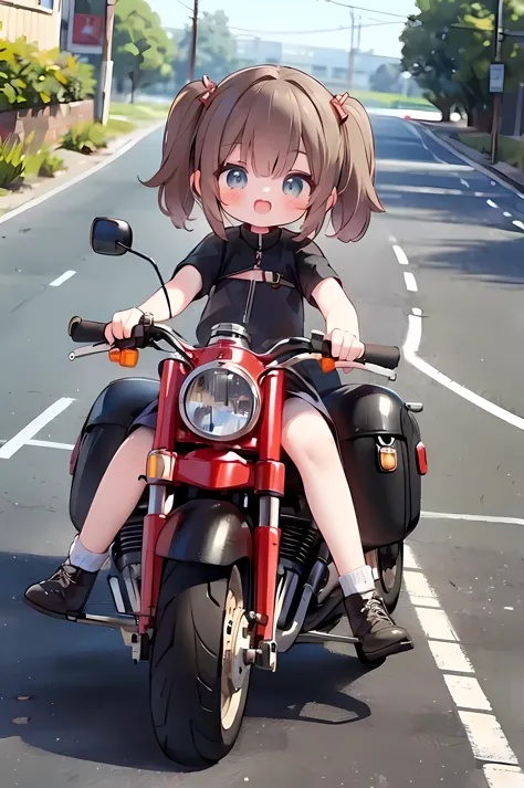 Postman Girl, very cute, riding a Harley-Davidson, happy, street, full body, ((masterpiece, best quality, 8k, ultra-detailed)), perfect anatomy, detailed eyes, very clear and precise images