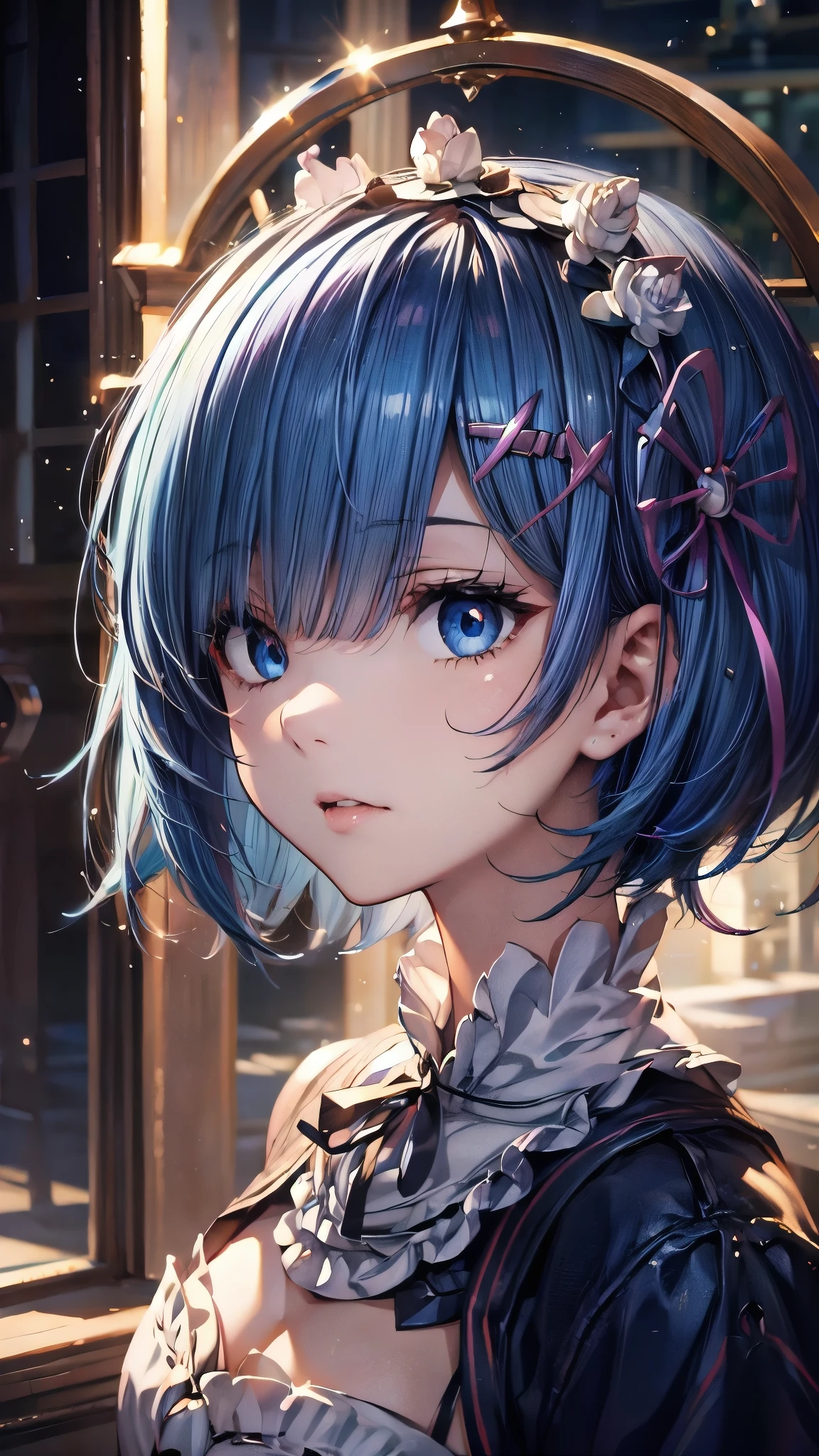 (Highest quality),(masterpiece), 8k,Very detailed, Detailed light, Best Shadow,Detailed reflective eyes, Beautiful Eyes, Very detailedな顔,Shiny Hair,One person,Gloss,Short Bob,Blue Hair,Blue Eyes,enchanting,Expressionless,Quiet anger,whole body,front,Re:Zero,rem,Rem,darkness,face is dirty for painting,Dynamic Angle,Shining blue eyes,Lock,