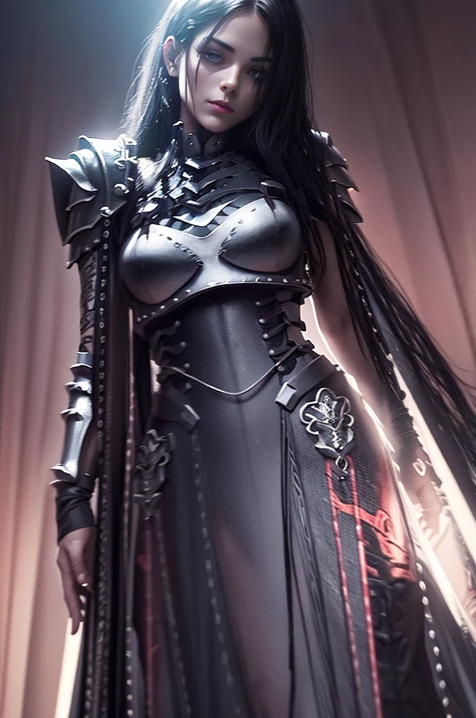 a woman with black hair and eyes, dressed in macabre armor with details of human bones, beautiful female paladin with long hair, night sky, red mist, river of blood, battlefield, icy gaze;
