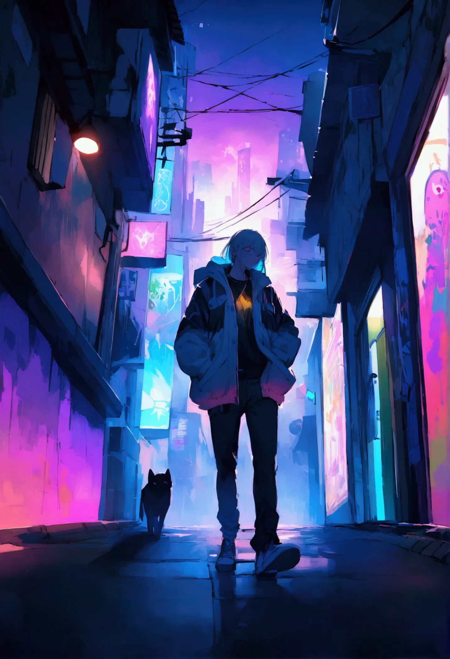 **prompt:**  
future city night、Colorful neon lights illuminate the cityscape in the background、A man wearing a hooded jacket is walking。His costume incorporates cyberpunk elements..、Blue and black jeans、He&#39;s wearing a jacket with graffiti-style paint ...