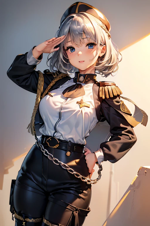 #基本 
A girl is posing for a photo, ((One Girl)), (((Baby Face:1.2)) + ((cute:1.3))), 
#A girl is posing for a photo, ((One Girl)), (((Baby Face)) + ((cute)) + 16 years old), 
break 

#Clothing Accessories 
((Black Officer Uniform:1.4) : uniform + (Rank badge on chest) + Epaulettes + (Decorate mood) + (Tight fitting through the waist) + (White belt with shiny gold metal buckle) + ((Gold border)) + ((Black long straight pants:1.4)) + (Army Caps)), (loafers), 
Gold hoop earrings, 
break 

#Features 
((Silver Hair:1.4)), (Shoulder-length horizontal hair:1.4), (Twin tails : Short Hair + Curly hair + Fuller Hair + Hair curled outside + Red string ribbon),  
((Droopy eyes), blue eyes, (Big eyes:1.2)), (Very small breasts), 
break 

#background environment 
(noon, (A garrison in the sunlight, Military port, I can see the aircraft carrier)), 
#Facial Expression Pose 
((smile), (Full of confidence々It is said that, Strong presence, (salute)), 
#composition 
(To the camera, (Focus from the front), (Cowboy Shot)),  
break 

#Body parts elements 
(Slim figure), 
(Detailed Hair, Beautiful Hair, Shiny Hair), 
(double eyelid, Long eyelashes), 
(Expression of fine eyes, Beautiful and delicate eyes, Sparkling eyes, Eye Reflexes, Glitter Eyeliner), 
(Human Ear), 
(Beautiful Nose, Thin Nose), 
(Glossy Lips, Beautiful Lips, Thick lips, Glossy Lips, Natural Cheeks), 
(Detailed face, Symmetrical facial features), 
(Detailed skin, Textured skin, Beautiful Skin, Glowing Skin), 
break 

#Quality Image Quality Common 
(((Highest quality)), ((masterpiece)), ((Very detailed))), ((Ultra-high resolution)), ((16K, 1080P)), ((FHD)), 
(Anatomically correct), (Realistic), (3DCG), 

#Quality image illustration 
((comics, anime)), CG illustration, 
