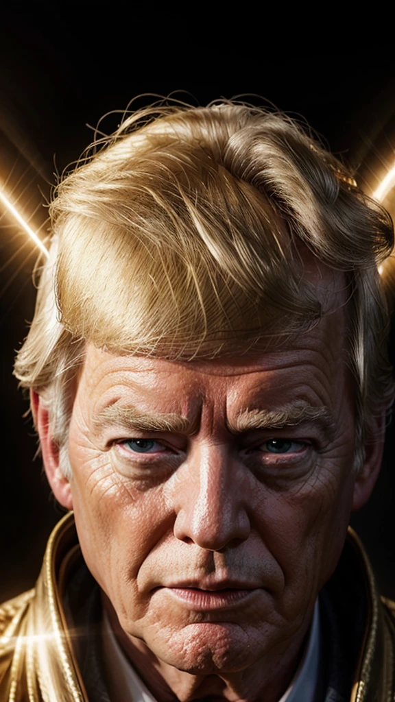 Donald Trump protected by beings of divine light.Photorealism, full view, highly detailed image, very realistic, hyperrealism, Ultra HD, 8k, 5, sharp focus