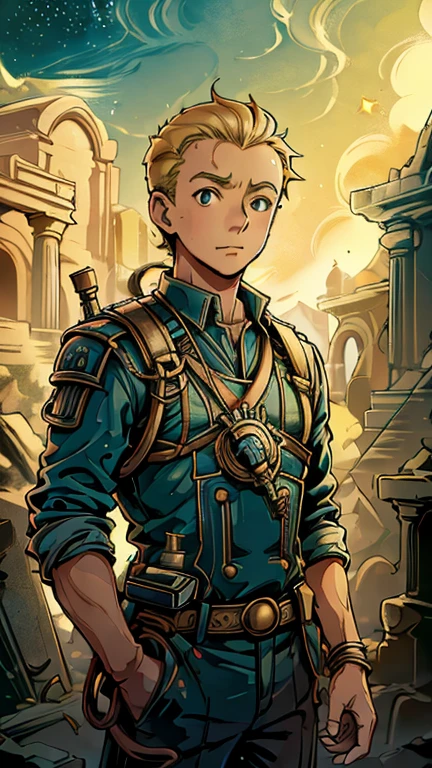 (Teens:1boy: Tintin, grecopunkai), (extremely detailed CG unit 8k wallpaper),(master part), (best quality), (ultra detali), (best illustration),(melhor ombre), cowboy shot, (Sharp eyeliner, ombre, detailedeyes:1), Dark, midnight, Greek temple background, ,break , (star15escola:1.2), upper body,short hair, blonde hair