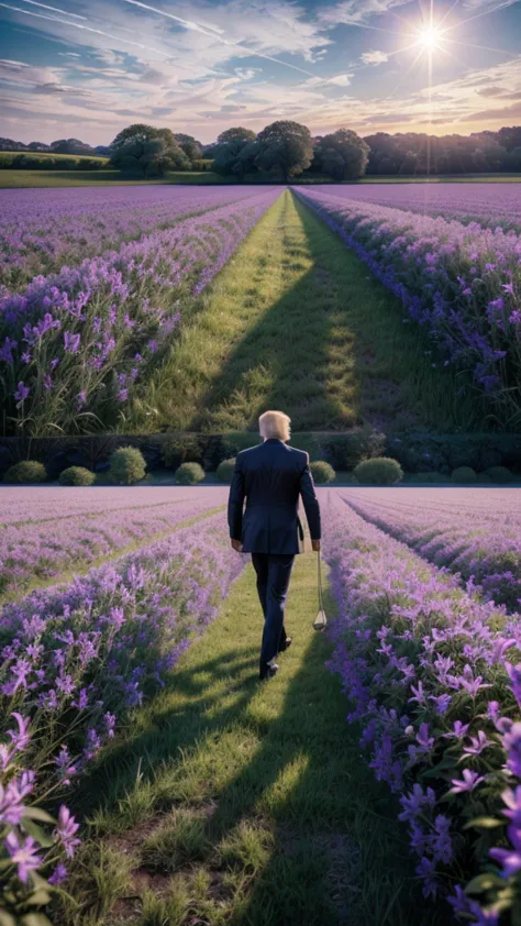 donald trump walking through a field. photorealism, full view, highly detailed image, very realistic, hyperrealism, ultra hd, 8k...