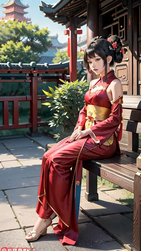 a woman in a red dress sitting on a bench under a tree, palace ， a girl in hanfu, guweiz, wearing ancient chinese clothes, cute ...