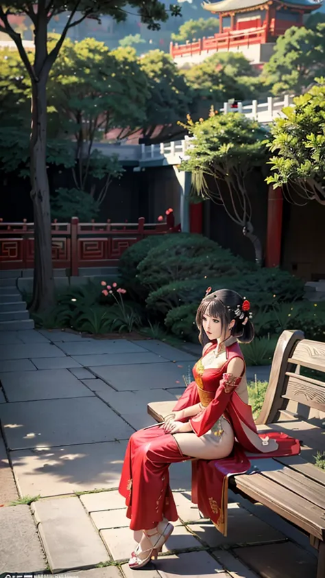 a woman in a red dress sitting on a bench under a tree, palace ， a girl in hanfu, guweiz, wearing ancient chinese clothes, cute ...
