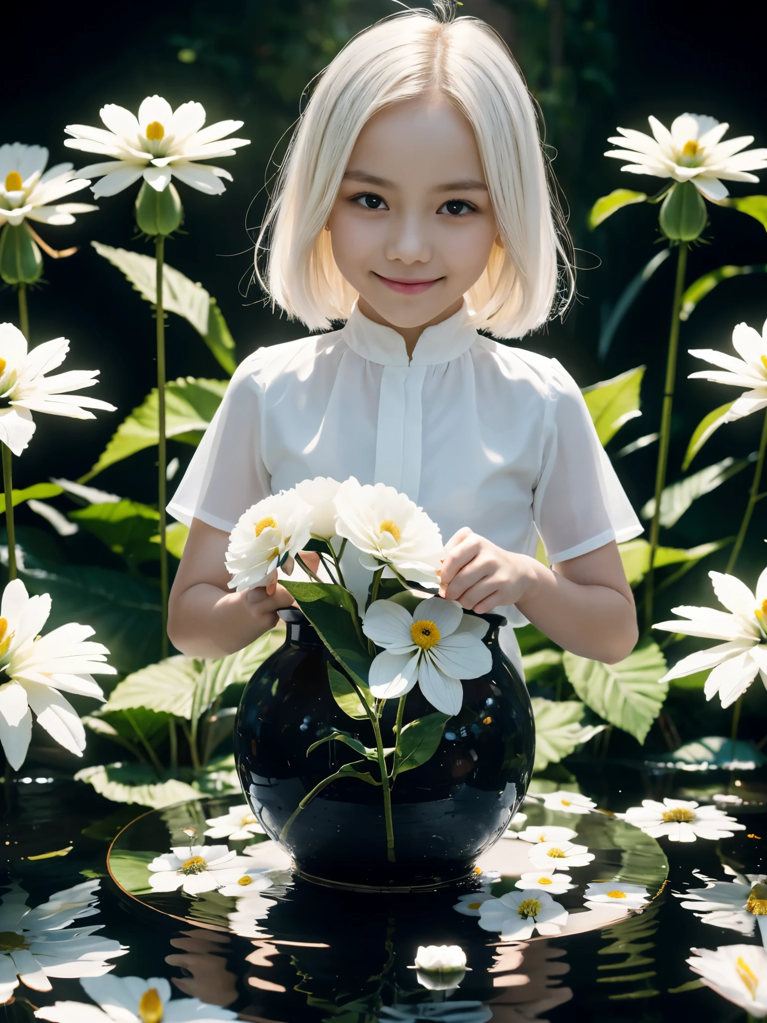 1girl, see-through blouse, short sleeve, tyndall effect, detailed face, looking at viewer, gentle smile, side lighting, (masterpiece:1.4), best quality, high resolution, cinematic lighting, (white flower:1.4) inside kintsugi lacquer vase, on water, (water reflection:1.2), super details, sharp focus, natural lighting, depth of field, vibrant,