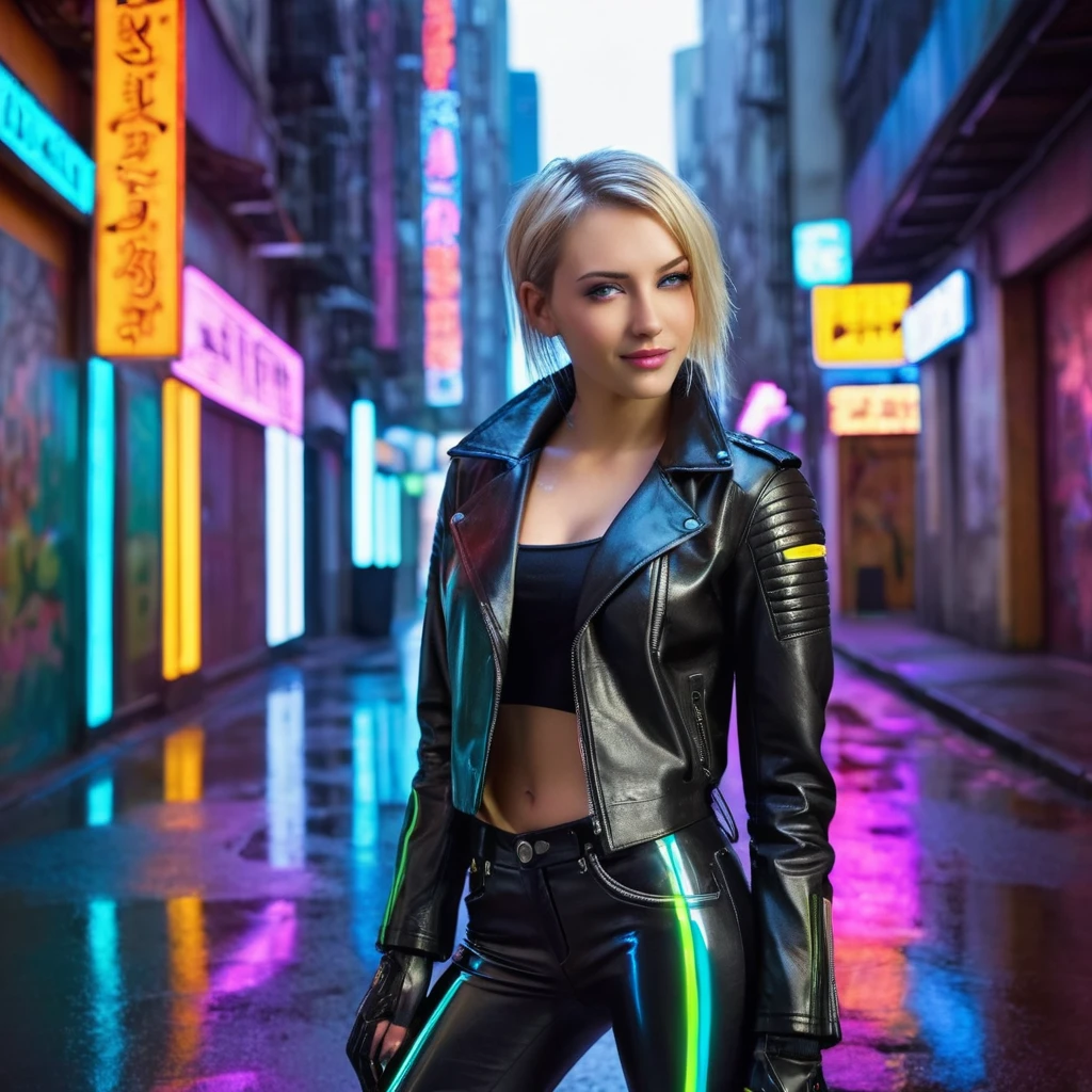 Scenario: city cyberpunk, narrow streets with neon signs, light rain creating colorful reflections, tall buildings with technological facades.
badass clothing, Accessories and Makeup: leather jacket with integrated LED lights, black vinyl pants, futuristic combat boots, makeup with electric shadows and graphic eyeliner, Hair styled into an asymmetrical hairstyle with neon highlights, accessories like high-tech visor and leather gloves.
role model: 20 year, light amber eyes, hair blonde, long neck, discret smile, Small face, medium bust, V-shaped face, slim, Average height, professional model body.