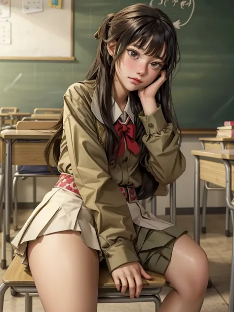 A high school girl tries to fart， shy, Best quality, classroom，chair，farting constantly