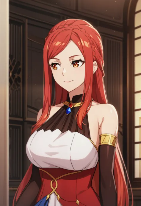 sysdeep_karnatia, 1girl, long_hair, big_breasts, smile, gloves, closed_mouth, bare_shoulders, orange_eyes, upper_body, braid, red_hair, detached_sleeves, sleeveless, indoors, elbow_gloves, looking_to_the_side, swept_bangs, halterneck, bridal_gauntlets, crown_braid, karnatia_dress,  