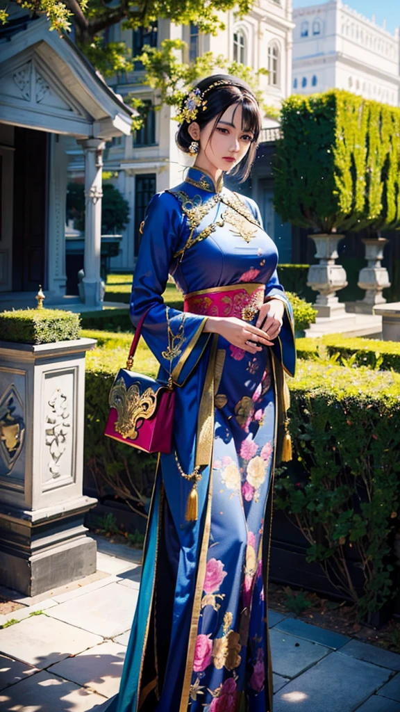 a woman with gigantic breast in a blue and pink outfit posing in a garden, wearing an ornate outfit, wearing ornate clothing, wearing ornate silk clothes, inspired by Rudy Siswanto, traditional beauty, ornate attire, intricate silk clothing, ornate clothing, beautiful oriental woman, ao dai, beautiful costume, by Basuki Abdullah, beautiful digital artwork, portrait shot, intricate outfit, masterpiece, best quality:1.2),,(8k,highres,RAW photo,realistic,photo-realistic:1.3),(detailed skin texture,detailed cloth texture,beautiful detailed face:1.25),professional lighting,photon mapping,beautiful soft light,radiosity,physically-based rendering,raytracing, model shoot style, model shoot style, (extremely detailed CG unity 8k wallpaper), full shot body photo of the most beautiful artwork in the world,