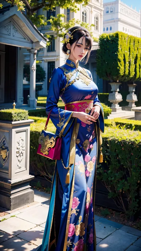 a woman with gigantic breast in a blue and pink outfit posing in a garden, wearing an ornate outfit, wearing ornate clothing, we...