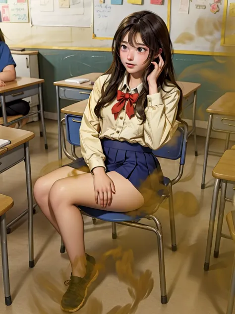 A high school girl tries to fart， shy, Best quality, classroom，chair，farting constantly