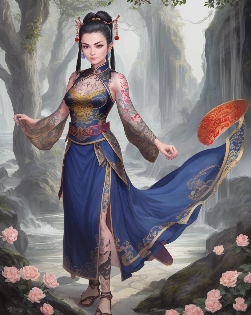 An ancient Chinese beauty, charming temperament, flowing long skirt, clear face, beautiful eyes, osmanthus surrounding, perfect body structure proportional masterpiece, super detailed, epic composition, color tattoo art, new traditional tattoo art, SD tattoo design, color tattoo art, mysterious warm and friendly atmosphere, hyper-realistic painting, super HD, high quality, highest quality, 32k --v 6