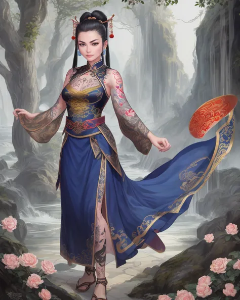 an ancient chinese beauty, charming temperament, flowing long skirt, clear face, beautiful eyes, osmanthus surrounding, perfect ...