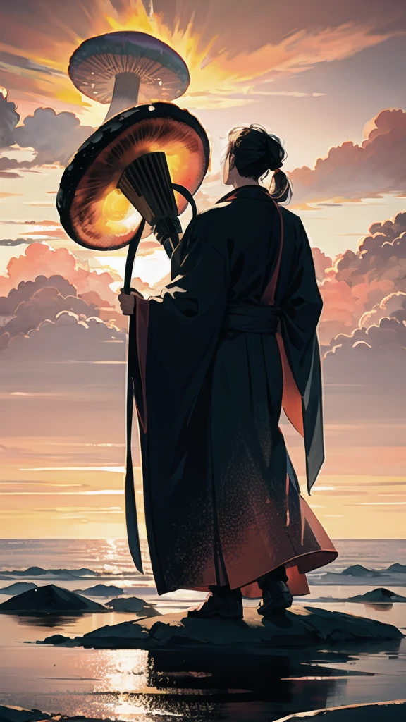 natural lighting, soft lighting, sunlight, HDR (High Dynamic Range), Maximum Clarity And Sharpness, Multi-Layered Textures, spectacular giant nuclear mushroom cloud,The shadow of a young man wearing a completely black traditional Chinese fu robe stood with his hair tied back. 