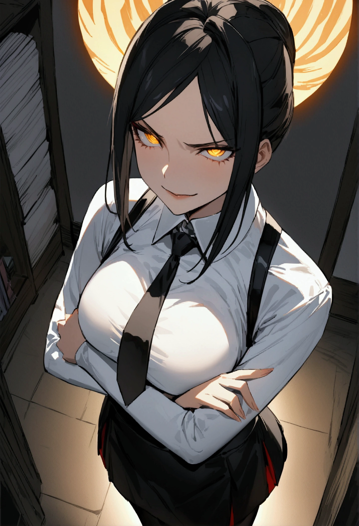 juri han, work of art, tight white secretary shirt with black tie, black high waist skirt, short skirt,stocking, black hair, black tightscary sun,office,bangs on the eyes,Lighting,horn of hair,view from above,staring overhead,evil smile,crossed arms
