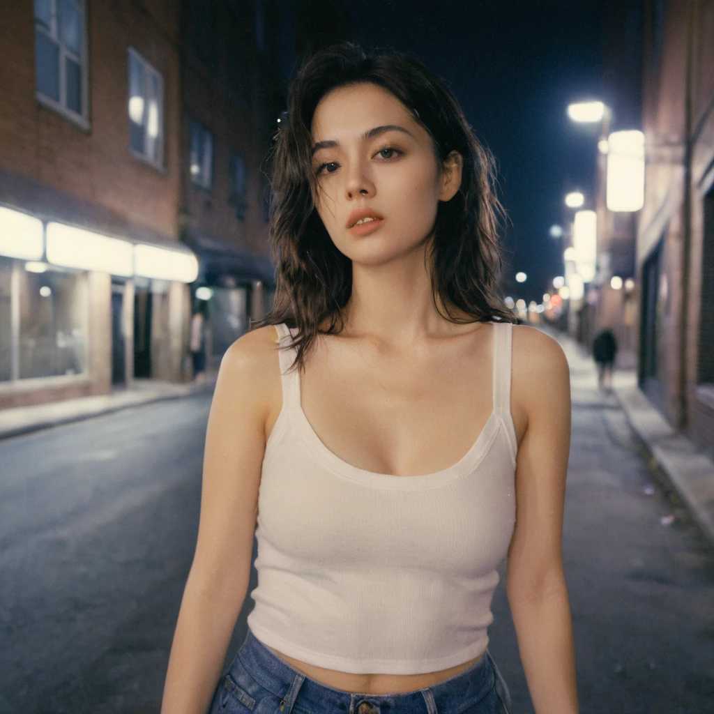 xxmixgirl, 1girl wet white tshirt look sexy, splash detailed, surreal dramatic lighting shadow (lofi, analog), kodak film by Brandon Woelfel Ryan McGinley, night city, normal breasts, normal hips