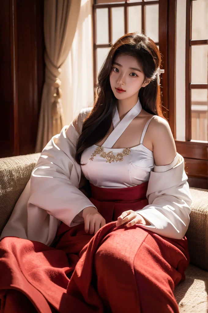 very beautiful, very big breasts, Teenage Korean woman wearing revealing hanbok, in the palace