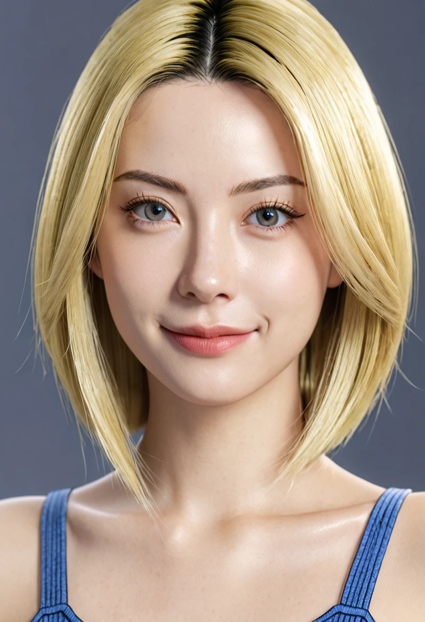 Android 18 playing with her hair, her eyes staring straight into the camera. Her thin smile exudes a tempting aura, extremely realistic (best quality, 8k, UHD image)