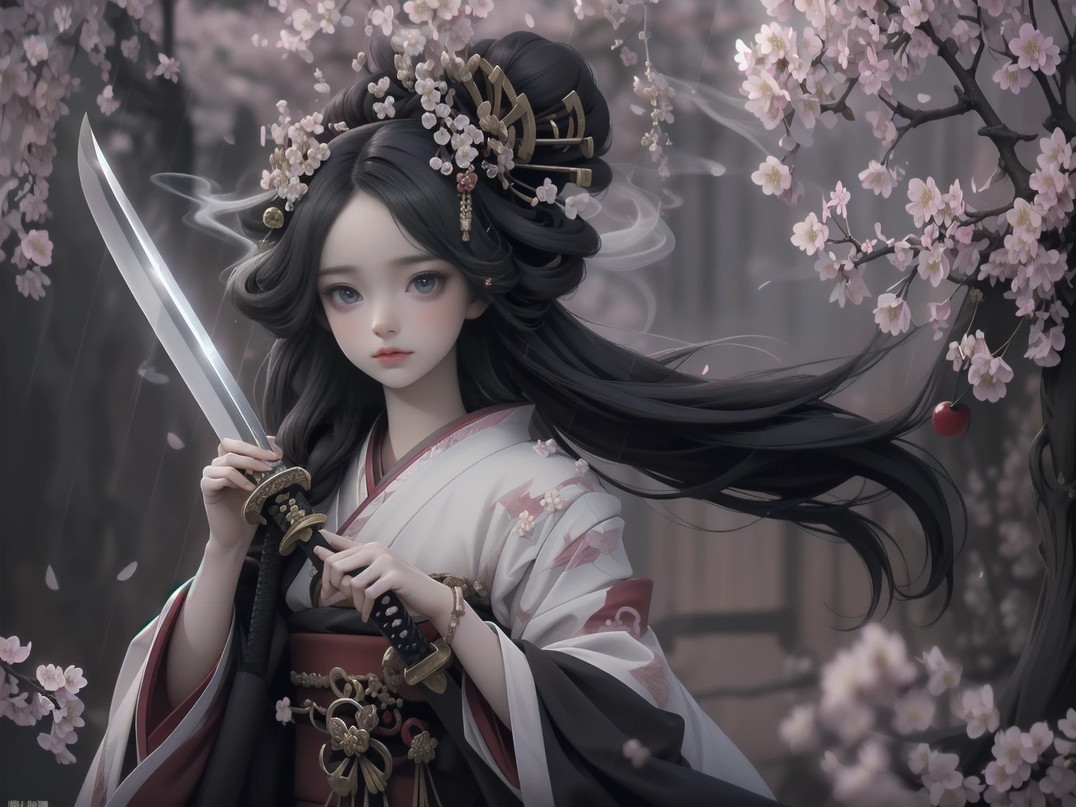 (Packed with award-winning masterpieces, Very detailed, Texture and maximum detail), (hyper Realistic:1.4), (Realistic:1.3),  (Upper body close-up:0.2), Looking diagonally from the front,slightly sideways, (transparent strangely white skin with the highest quality Realistic texture), (She is holding a straight Japanese sword with mysterious light and intricate decorations.: 1.8), (Sword wielding geisha warrior: 1.8), (Five perfect, beautiful fingers: 1.4), (Japanese folk tale geisha warrior: 1.8), (Beautiful long black hair blowing in the wind (Beautiful long black hair blowing in the wind:1.8), (Beautiful Japanese Geisha hairstyle:1.8), (Her hair is decorated with many hairpins., Japanese hair ornaments:1.4), (Wear a decadent and luxurious Japanese kimono:1.8), (She smiled with blood red lips.:1.7), (The precise circular symmetry of her Japanese black eyes), (A deep and breathtakingly beautiful face: 1.6), (Aesthetic and decadent image: 1.8), (Pale but white skin and face: 1.6), (Wearing luxurious and intricately crafted accessories: 1.8), (Bright bioluminescent black eyes: 1.7), (Fallen Beauty 1.8), (Black eyes with an intense black light emanating from within: 1.7), (Less exposed skin: 1.5), (Strong moonlight overhead: 1.7), ((Dramatic Photos)), ((Cinematic light)), (look up), (Looking down), (Dramatic Pose ), (Smoke effects and mesmerizing lights:1.4), Beautiful white hair, Beautiful silver hair, (Cherry tree:1.8), Wind effects, (Cherry blossom petals fluttering in the wind:0.8), (Lightning flashes in the sky:0.8), wind and rain, (Drifting purple smoke:1.3), (Dark Night, Full moon night, Crescent Moon), epic Realistic, Faded, ((Neutral Colors )), art, (High resolution:1.5), (Calm colors:1.2), Very detailed, (art station:1.5), Cinematic, Warm Light, Light effects, Dramatic Light, (Intricate details:1.1), Complex background, (Greg Rutkowski:0.8), (blue green and orange:0.4)