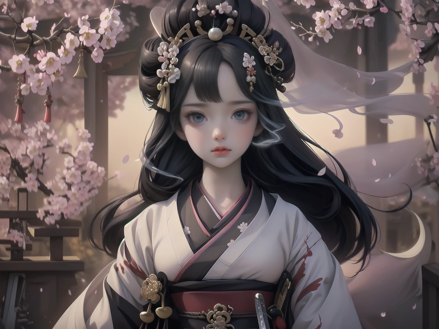 (Packed with award-winning masterpieces, Very detailed, Texture and maximum detail), (hyper Realistic:1.4), (Realistic:1.3),  (Upper body close-up:0.2), Looking diagonally from the front,slightly sideways, (transparent strangely white skin with the highest quality Realistic texture), (She is holding a straight Japanese sword with mysterious light and intricate decorations.: 1.8), (Sword wielding geisha warrior: 1.8), (Five perfect, beautiful fingers: 1.4), (Japanese folk tale geisha warrior: 1.8), (Beautiful long black hair blowing in the wind (Beautiful long black hair blowing in the wind:1.8), (Beautiful Japanese Geisha hairstyle:1.8), (Her hair is decorated with many hairpins., Japanese hair ornaments:1.4), (Wear a decadent and luxurious Japanese kimono:1.8), (She smiled with blood red lips.:1.7), (The precise circular symmetry of her Japanese black eyes), (A deep and breathtakingly beautiful face: 1.6), (Aesthetic and decadent image: 1.8), (Pale but white skin and face: 1.6), (Wearing luxurious and intricately crafted accessories: 1.8), (Bright bioluminescent black eyes: 1.7), (Fallen Beauty 1.8), (Black eyes with an intense black light emanating from within: 1.7), (Less exposed skin: 1.5), (Strong moonlight overhead: 1.7), ((Dramatic Photos)), ((Cinematic light)), (look up), (Looking down), (Dramatic Pose ), (Smoke effects and mesmerizing lights:1.4), Beautiful white hair, Beautiful silver hair, (Cherry tree:1.8), Wind effects, (Cherry blossom petals fluttering in the wind:0.8), (Lightning flashes in the sky:0.8), wind and rain, (Drifting purple smoke:1.3), (Dark Night, Full moon night, Crescent Moon), epic Realistic, Faded, ((Neutral Colors )), art, (High resolution:1.5), (Calm colors:1.2), Very detailed, (art station:1.5), Cinematic, Warm Light, Light effects, Dramatic Light, (Intricate details:1.1), Complex background, (Greg Rutkowski:0.8), (blue green and orange:0.4)