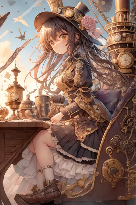 steam locomotive and anime girl sitting on a table wearing a hat, girl with warship parts, cute and detailed artwork, steampunk ...