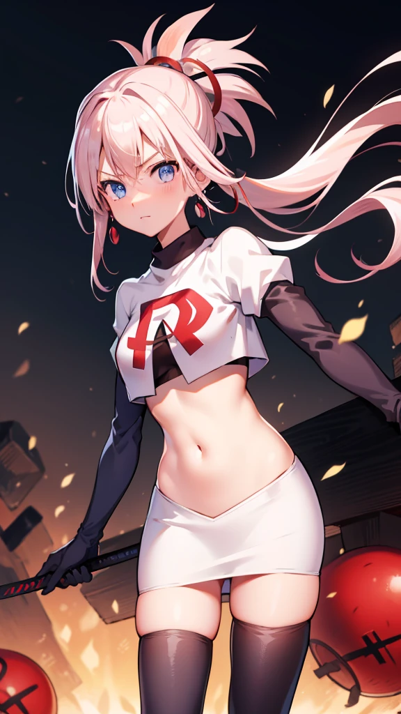 miyamotomusashi, Miyamoto Musashi, asymmetrisches Haar, blaue Augen, Ohrringe, Haarverzierung, pinkes Haar, Pferdeschwanz, Seitenlocken,Team Rocket,Team Rocket uniform, roter Buchstabe R, weißer Rock,weißes bauchfreies Top,schwarze Strümpfe,schwarze Ellbogenhandschuhe