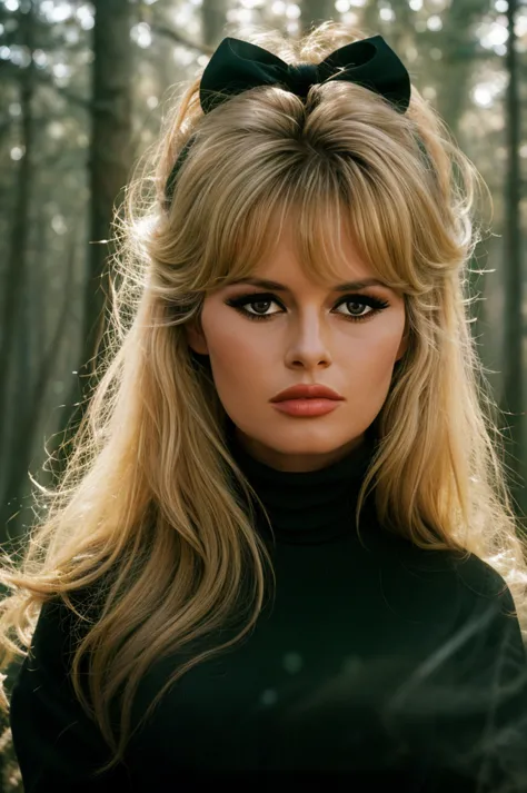 Detailed Photo of 1 bbardot woman with dark eye makeup and a black bow on her head, detailed face, Beautiful, Perfect Eyes, (hig...