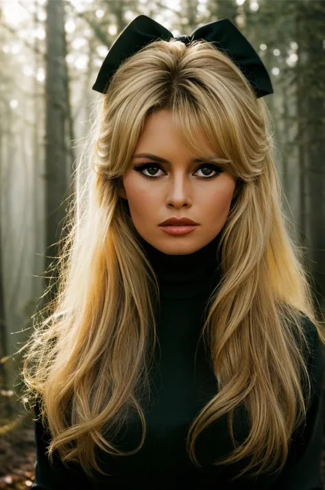 Detailed Photo of 1 bbardot woman with dark eye makeup and a black bow on her head, detailed face, Beautiful, Perfect Eyes, (hig...