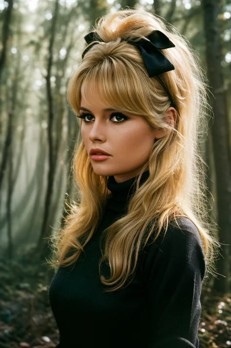 Detailed Photo of 1 bbardot woman with dark eye makeup and a black bow on her head, detailed face, Beautiful, Perfect Eyes, (hig...