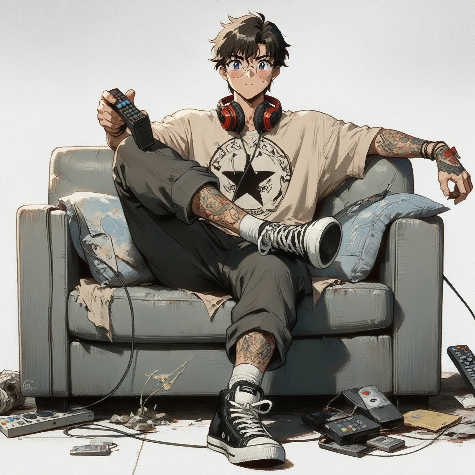 anime - style drawing of a man sitting on a couch with a remote control, anime boy, relaxing after a hard day, high quality anime artstyle, trigger anime artstyle, modern anime style, artwork in the style of guweiz, high quality fanart, gamer aesthetic, top rated on pixiv, style anime, hq artwork, anime lover make it wider