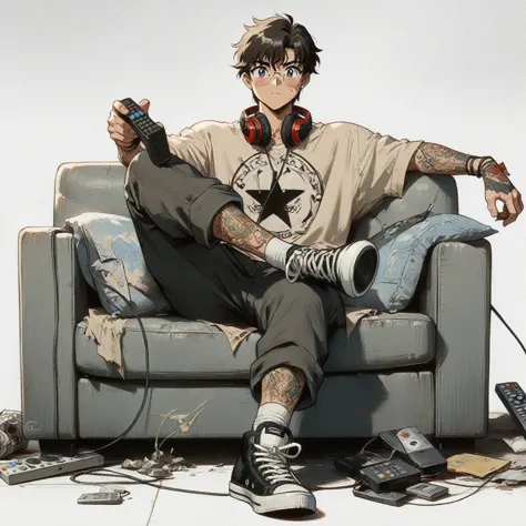 anime - style drawing of a man sitting on a couch with a remote control, anime boy, relaxing after a hard day, high quality anim...