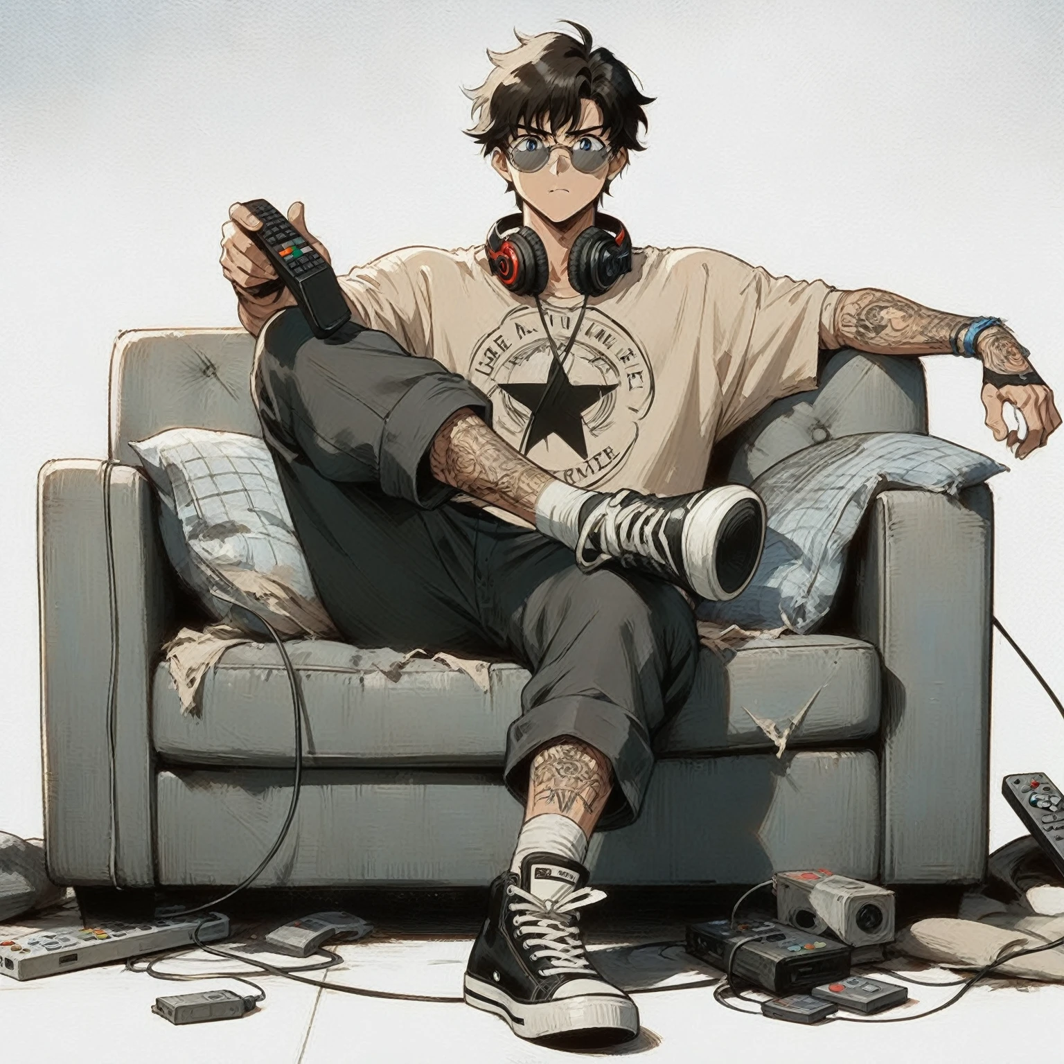 anime - style drawing of a man sitting on a couch with a remote control, anime boy, relaxing after a hard day, high quality anime artstyle, trigger anime artstyle, modern anime style, artwork in the style of guweiz, high quality fanart, gamer aesthetic, top rated on pixiv, style anime, hq artwork, anime lover make it wider