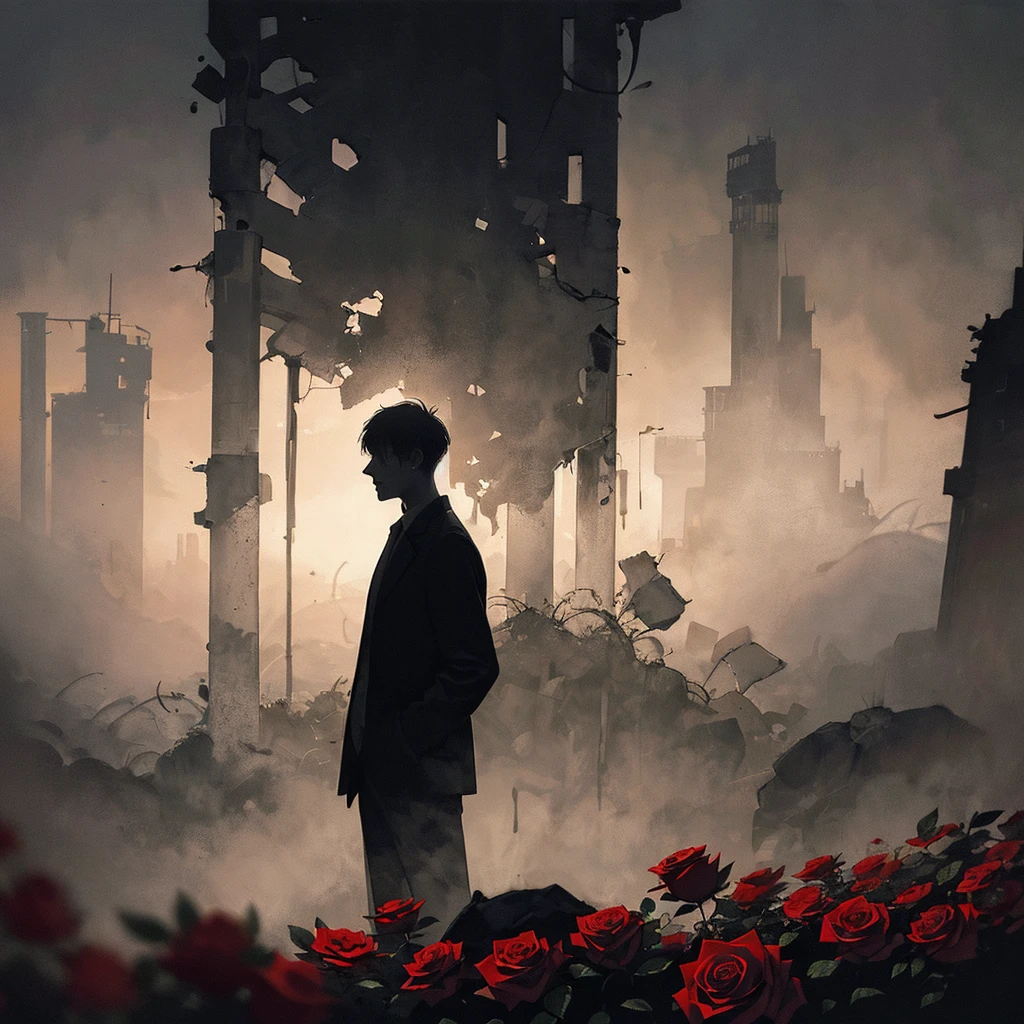 1 man standing behind, (silhouette:1.3), blackwork, painful, creepy, sheet, roses, abstract, ambient lighting, (blurred background, blurred foreground, Depth of field:1.3), Swirling fog, Rainbow fog, traditional texture, dripping, tears on image